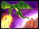 Fire-breathing dragon soaring over cliff with cloaked figure.